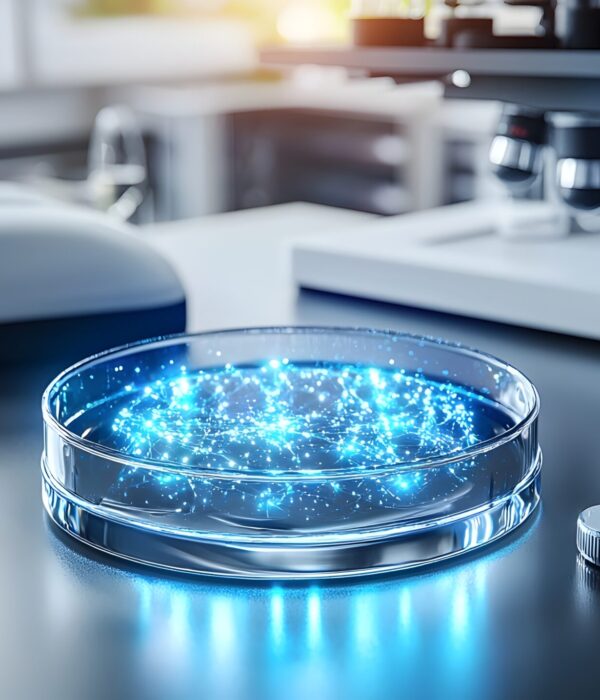 Captivating close up of a petri dish containing glowing bioluminescent cultures perfect for use as a microbiology or biotechnology background wallpaper